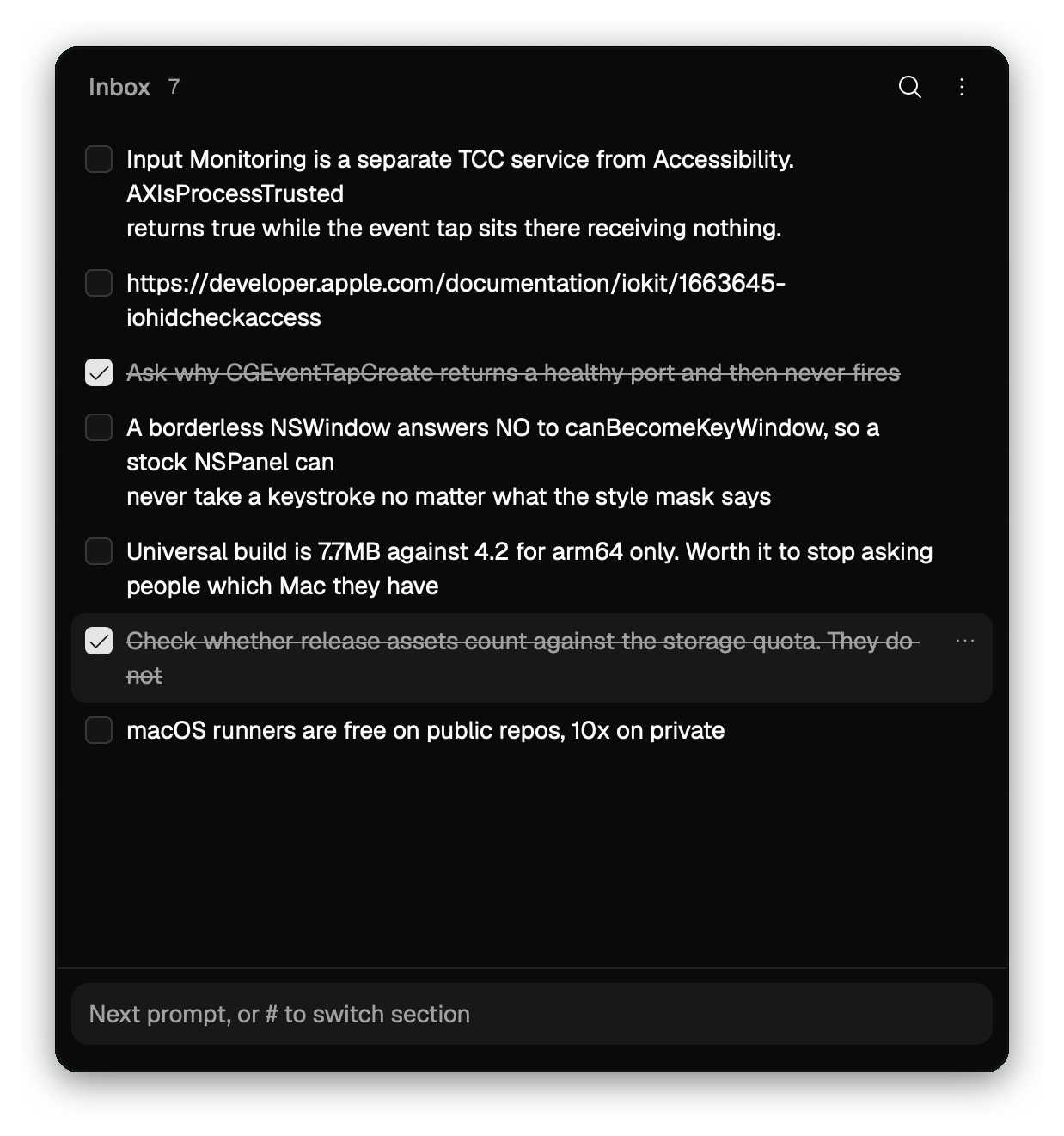 JogPad, a narrow sidebar listing captured snippets with checkboxes and a prompt input at the bottom